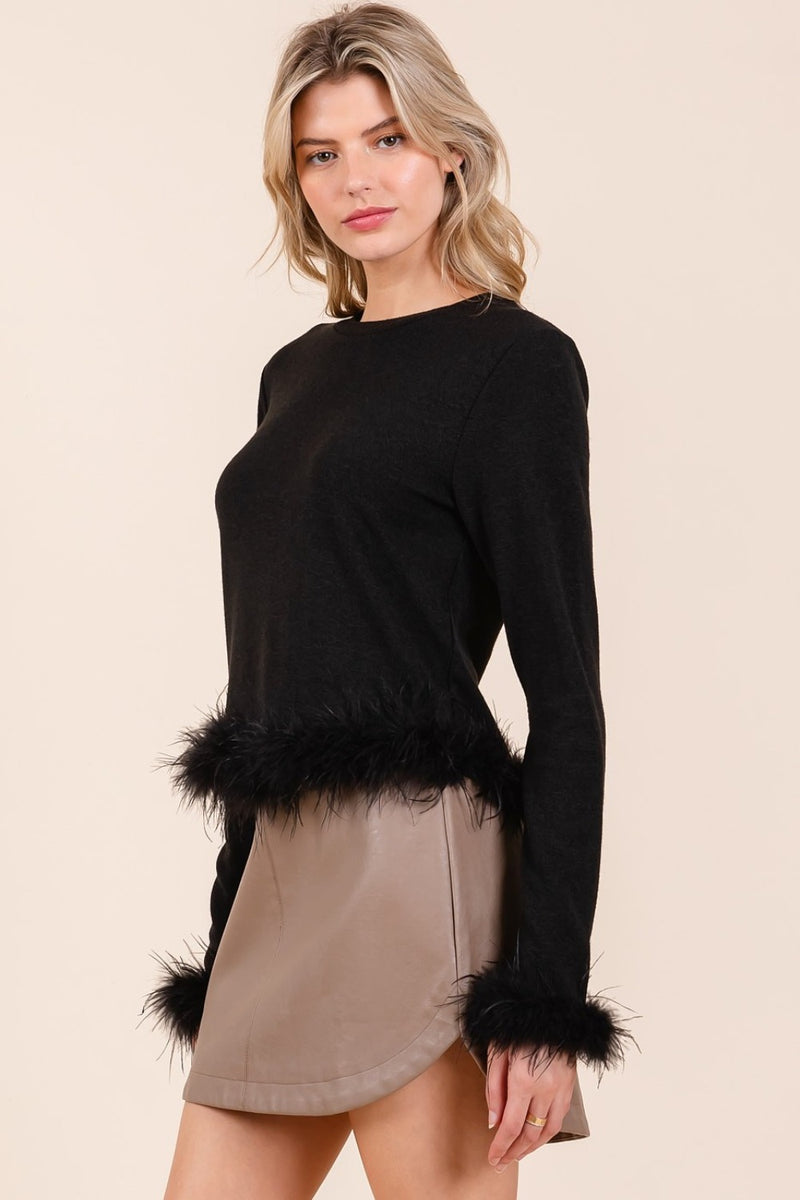 Feather Trim Long Sleeve Crop Knit Top