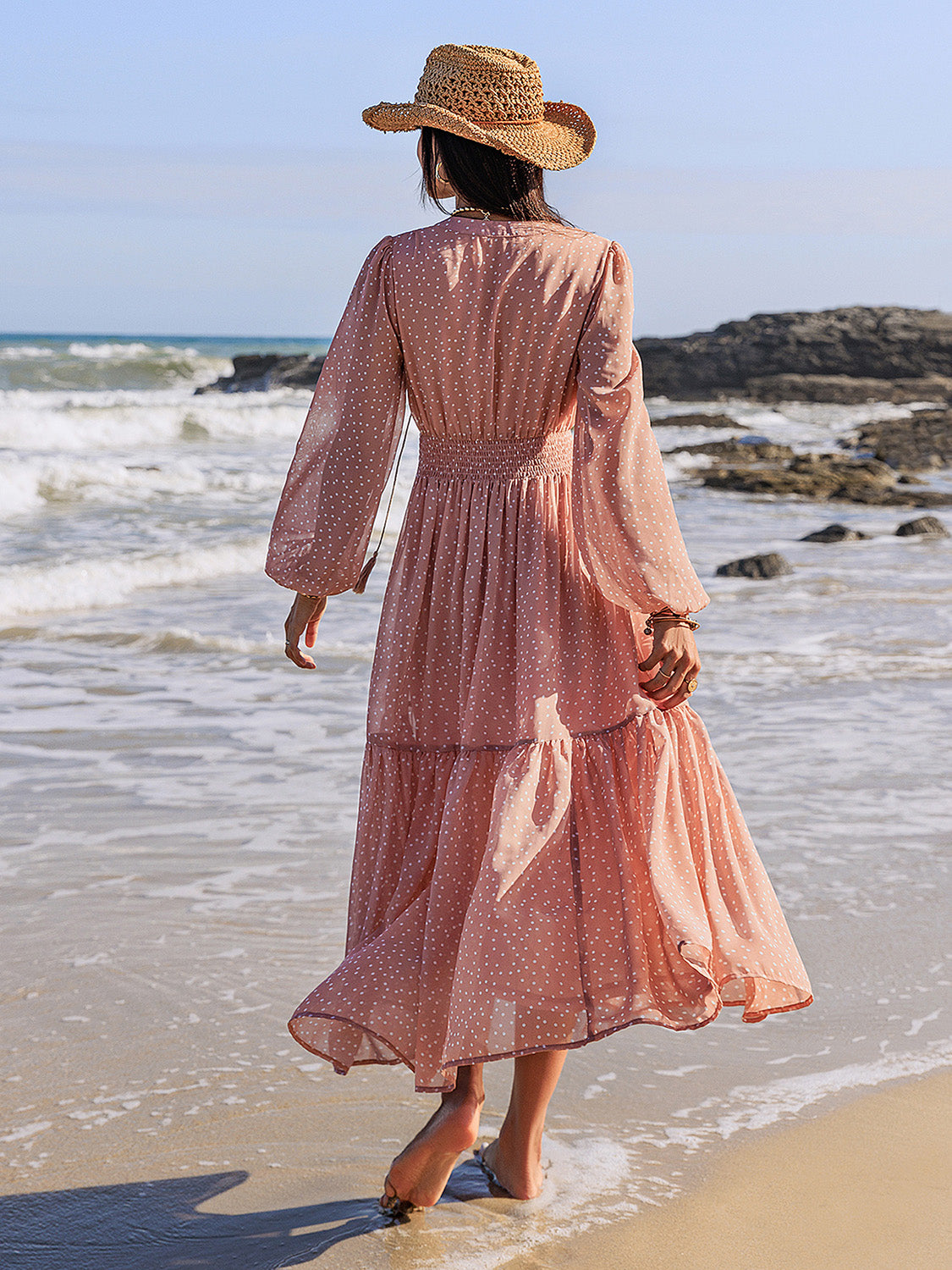 Tie Neck Long Sleeve Midi Dress