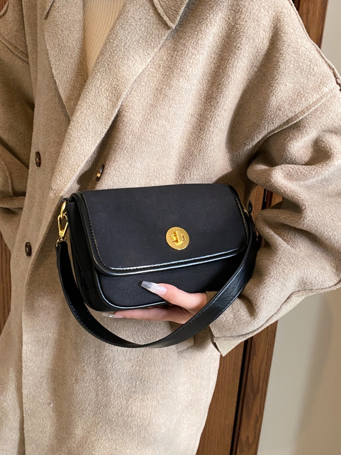 Leather Suede Twist-Lock Shoulder Bag