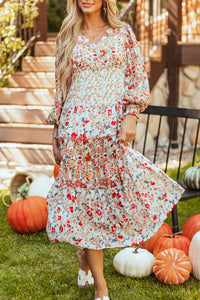 Khaki Floral Print Ruffled Tiered Long Sleeve V Neck Midi Dress