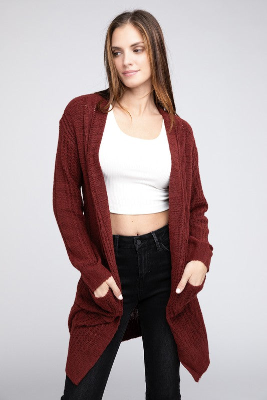 Twist Knitted Open Front Cardigan With Pockets