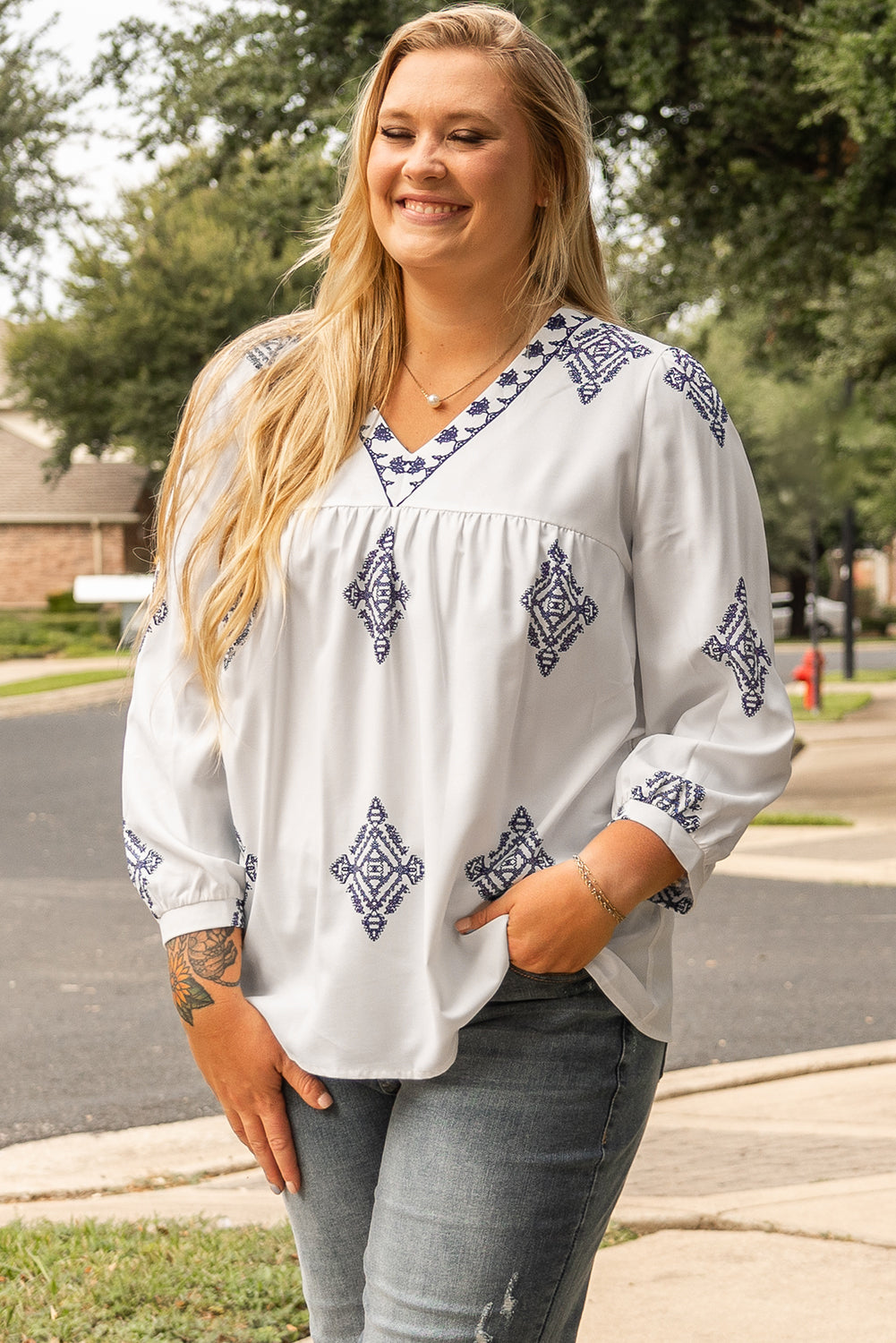 White Boho Geometric Print V Neck Bracelet Sleeve Plus Size Blouse