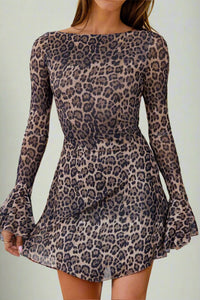 Backless Leopard Flare Sleeve Dress