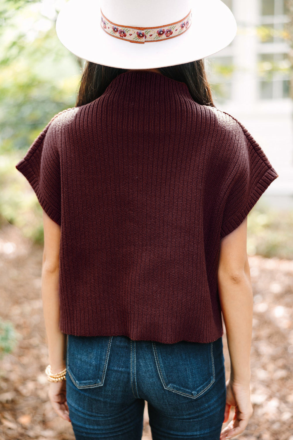 Mineral Red Ribbed Knit Short Sleeve Sweater