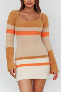 Fuzzy Knit Long Sleeved Striped Mini Dress