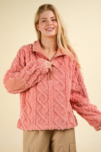 Fuzzy Fleece Half Zip Cable Pattern Sweatshirt