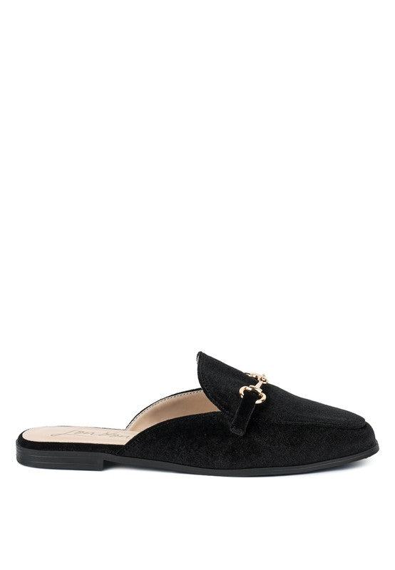 Velvet Buckled Flat Mules