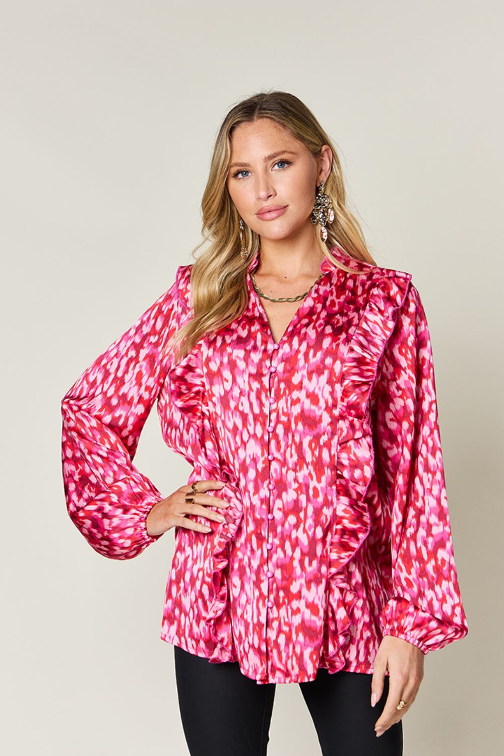 Printed Ruffle Trim Balloon Sleeve Shirt