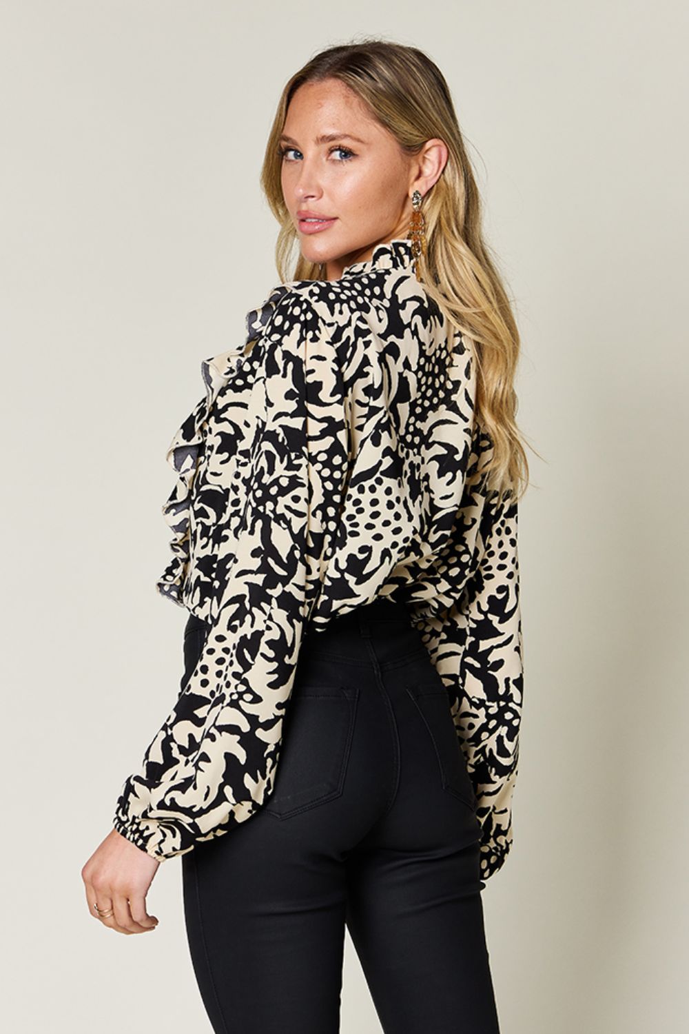 Printed Ruffle Trim Balloon Sleeve Shirt