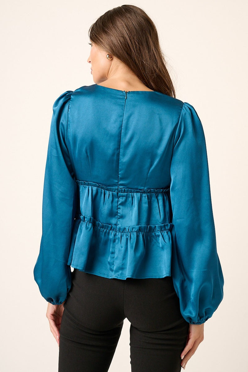 Satin V Neck Ruffled Tier Blouse