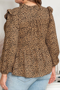 Leopard Frilled Shoulder Decor Plus Size Babydoll Top