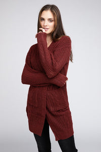 Twist Knitted Open Front Cardigan With Pockets