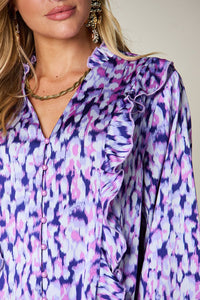 Printed Ruffle Trim Balloon Sleeve Shirt