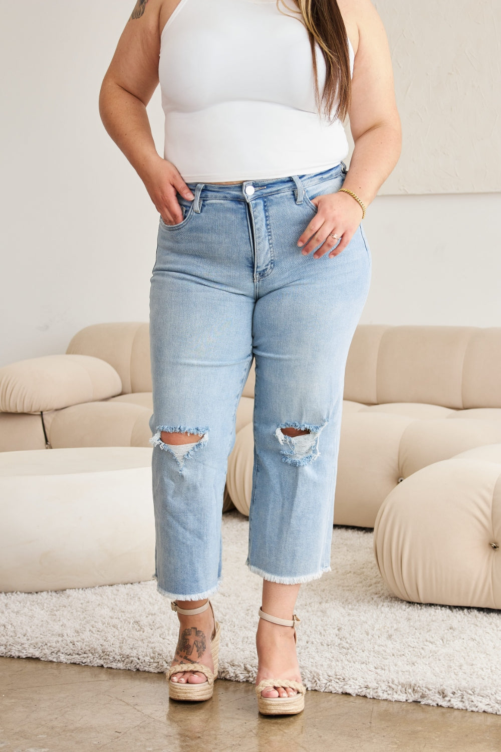 Tummy Control High Waist Raw Hem Distressed Jeans