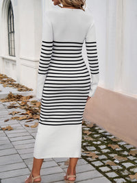 Striped V-Neck Long Sleeve Sweater Dress