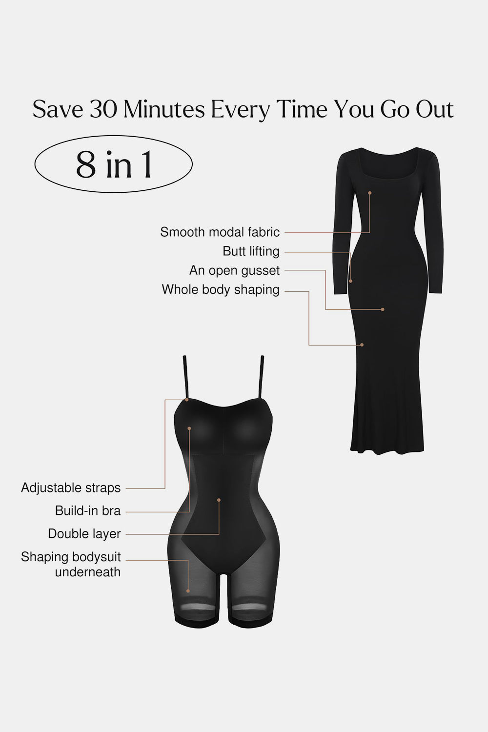 Built-In Shapewear Square Neck Long Sleeve Maxi Dress