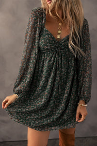 Green Floral Print Sweetheart Neck Shirred Back Mini Dress