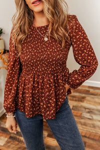 Boho Floral Smocked Bust Ruffled Peplum Blouse