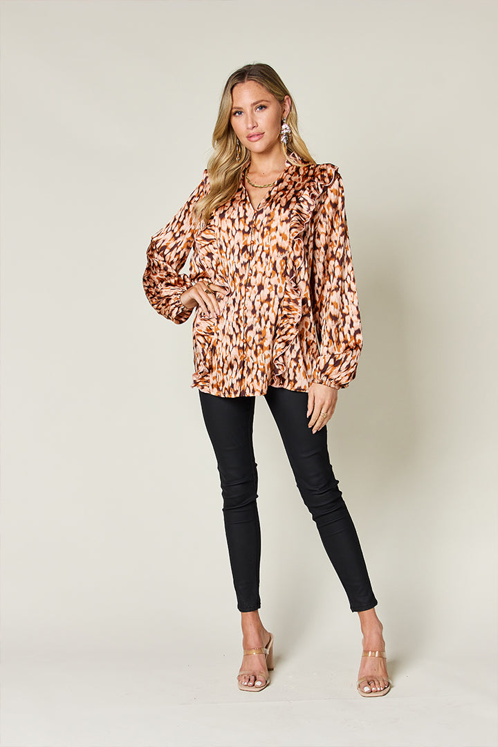 Printed Ruffle Trim Balloon Sleeve Shirt