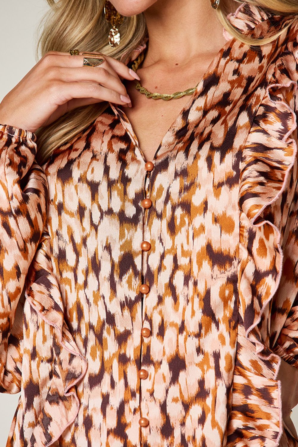 Printed Ruffle Trim Balloon Sleeve Shirt