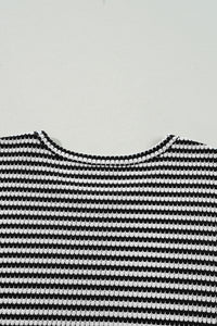 Black Stripe Drop Shoulder Puff Long Sleeve O Neck Plus Size T Shirt