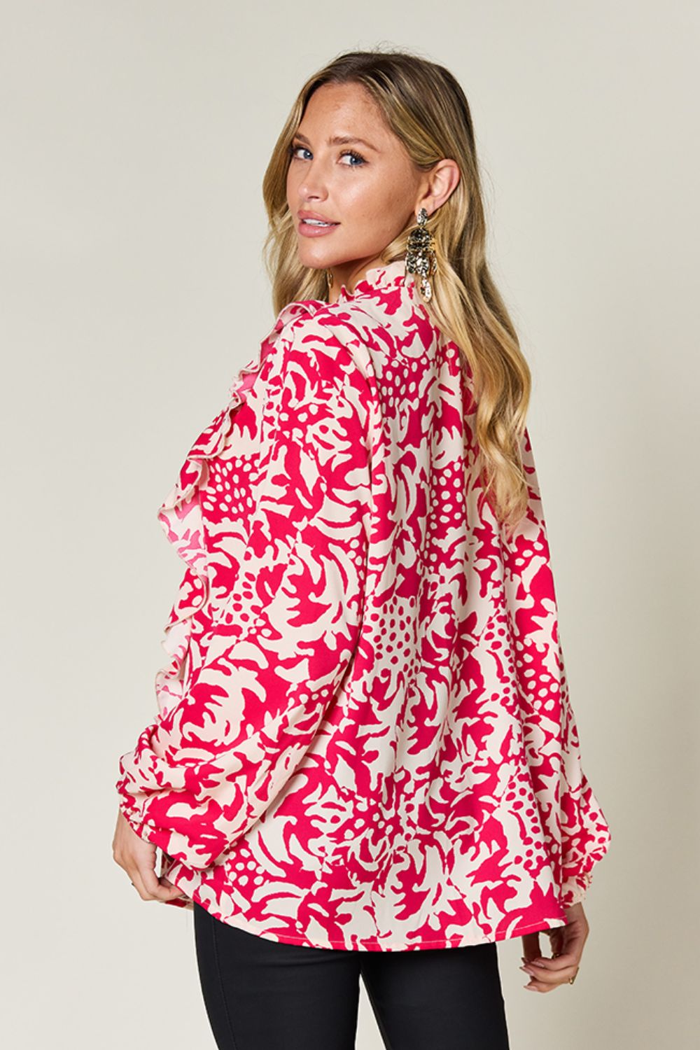 Printed Ruffle Trim Balloon Sleeve Shirt