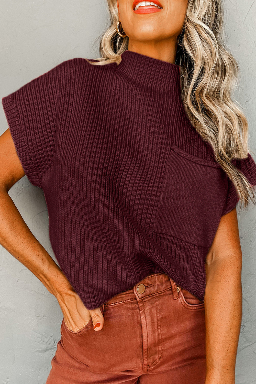 Mineral Red Ribbed Knit Short Sleeve Sweater