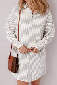 Khaki Stripe Long Sleeve Button Up Mini Shirt Dress