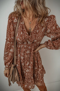 Brown Boho Floral Ruffled Puff Sleeve V Neck Mini Dress