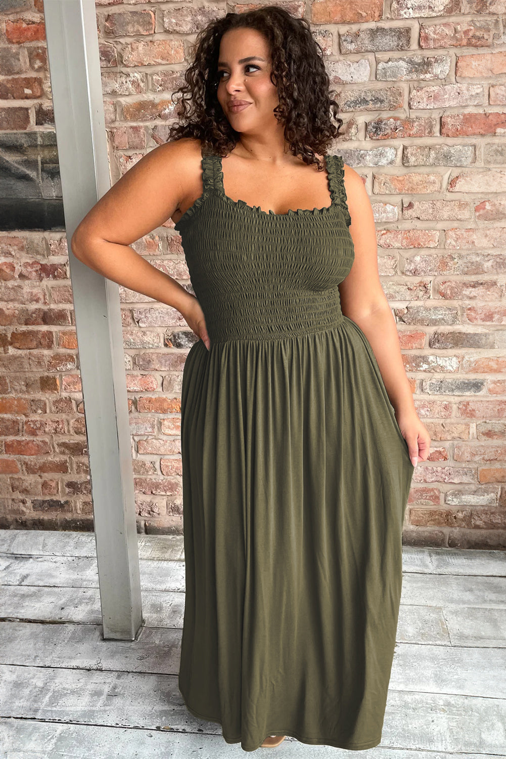 Jungle Green Shirred Bust Sleeveless Plus Size Maxi Dress