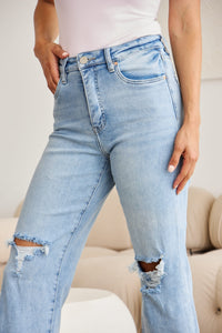 Tummy Control High Waist Raw Hem Distressed Jeans