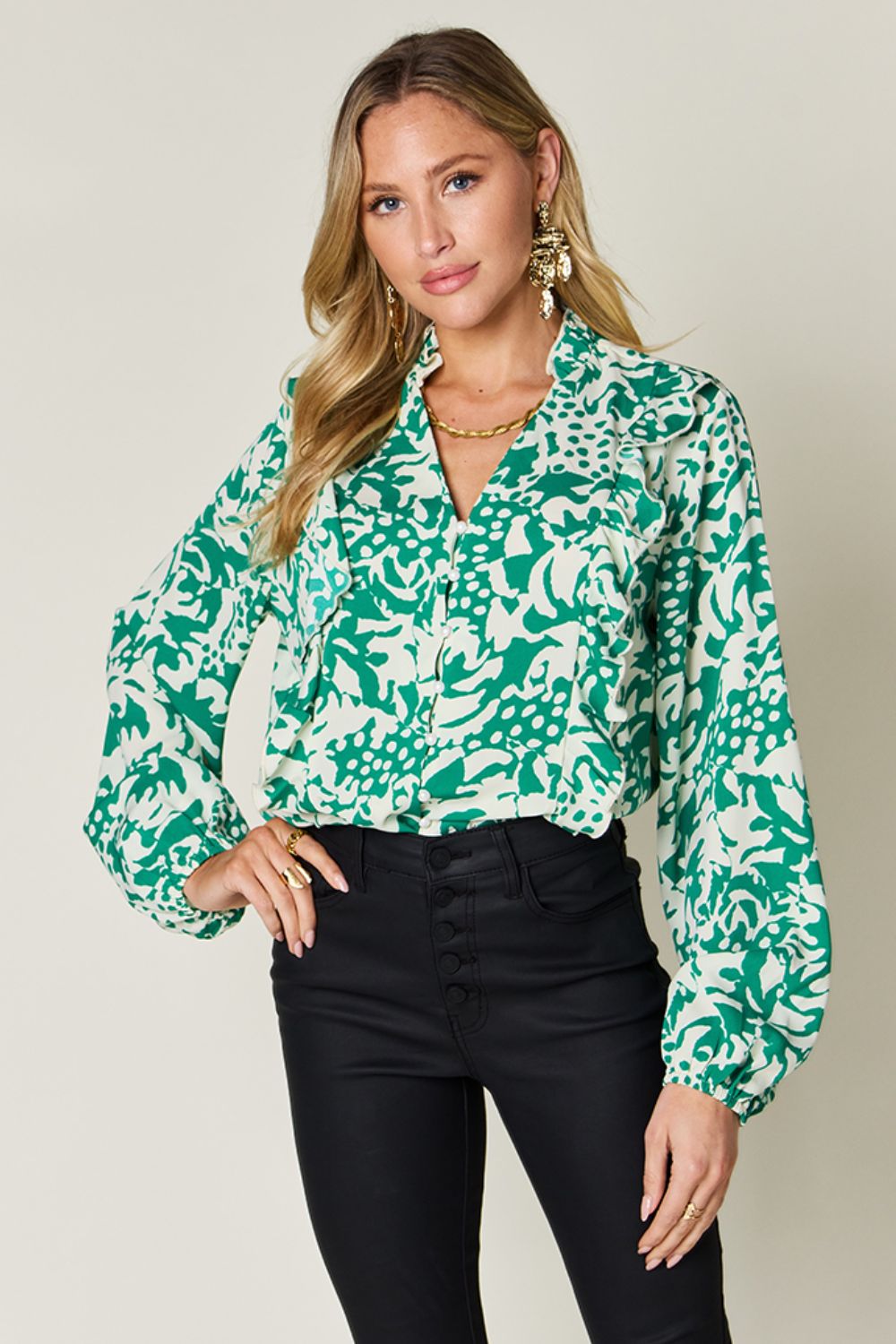 Printed Ruffle Trim Balloon Sleeve Shirt