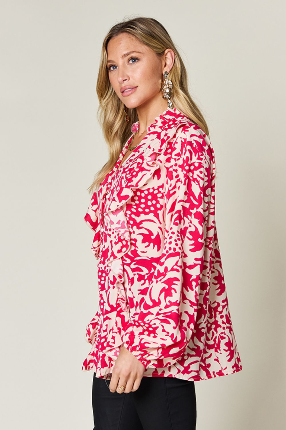 Printed Ruffle Trim Balloon Sleeve Shirt