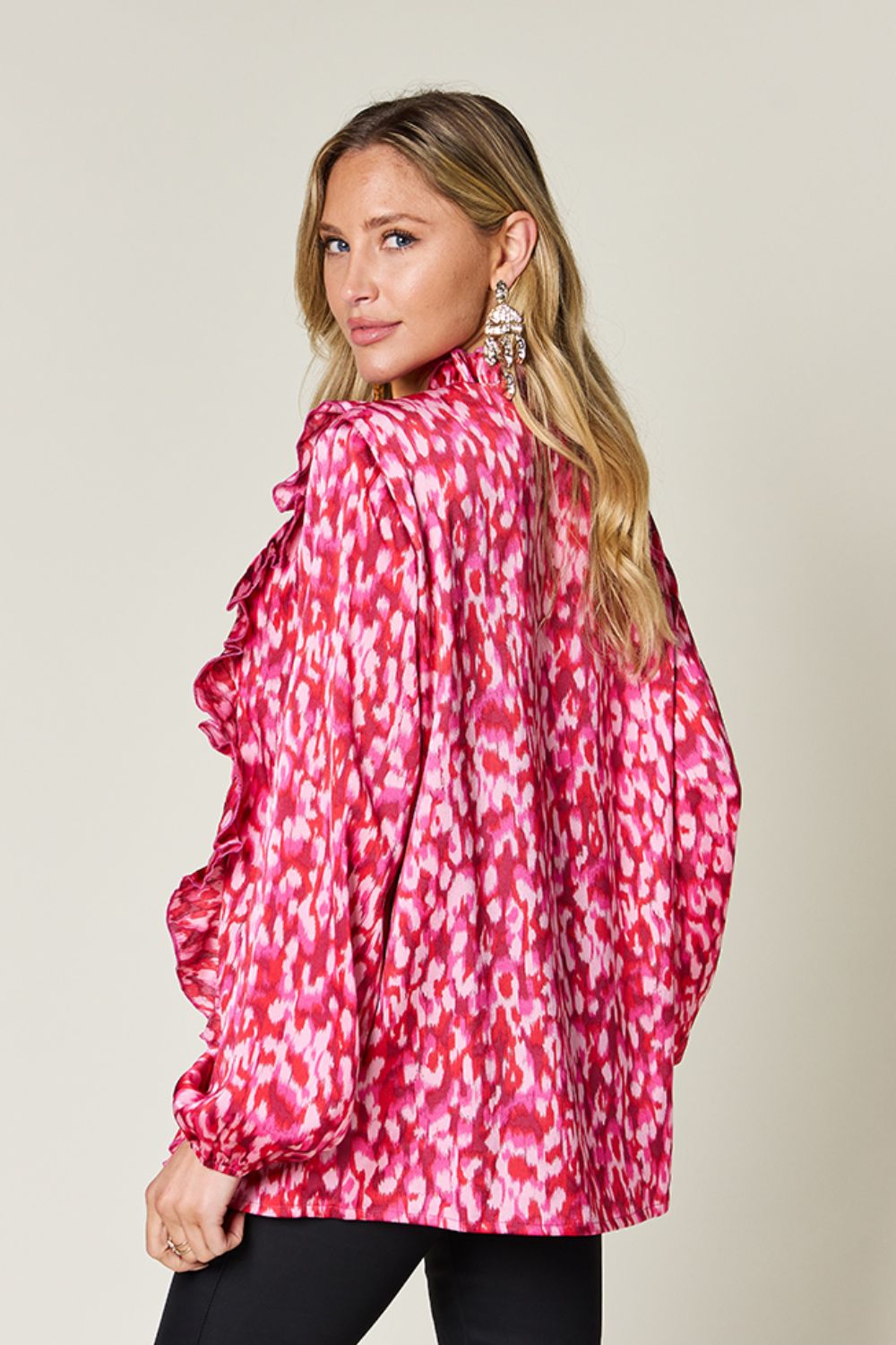 Printed Ruffle Trim Balloon Sleeve Shirt