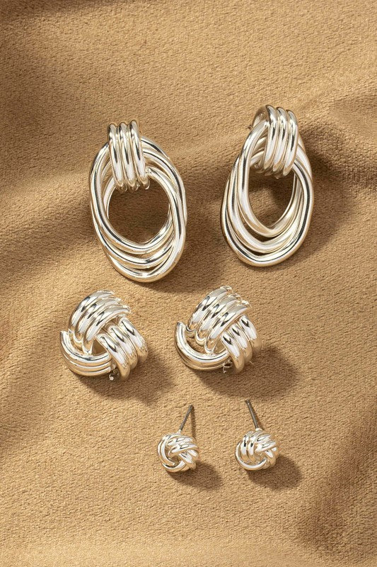 Trio Metal Knot and Hoop Earrings