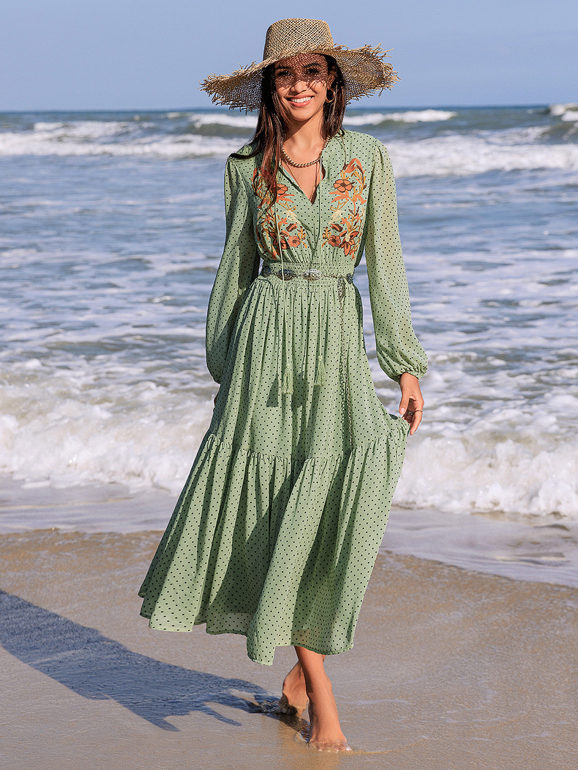 Tie Neck Long Sleeve Midi Dress